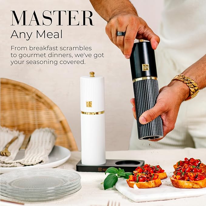Styled Settings White and Black Salt and Pepper Grinder Set with Gold Accents – Set of Two Refillable Wooden Manual Grinders with Adjustable Ceramic Mills & Matching Wooden Stand - Ideal for Gifting