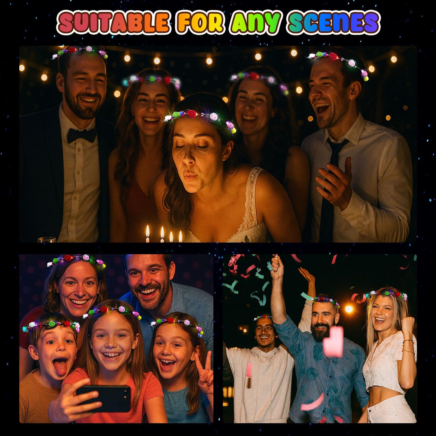 LovesTown 60PCS Glow in the Dark Party Supplies, Flower Crowns for Women Light Up Flower Crown, Light Up Party Favors for Raves Birthday Wedding Reception Mardi Gras Cosplay