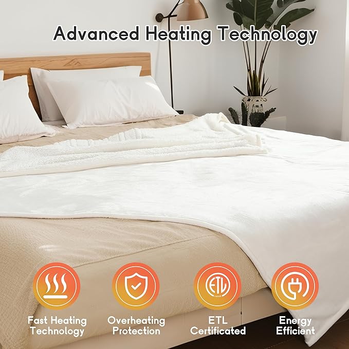 Heated Blanket Electric Blanket King Size 90''x100'' with 10 Heating Levels, 1-12 Hour Auto Shut Off, Machine Washable, Dual Controller Soft Warming Blanket for Couch, Bed, Office - White