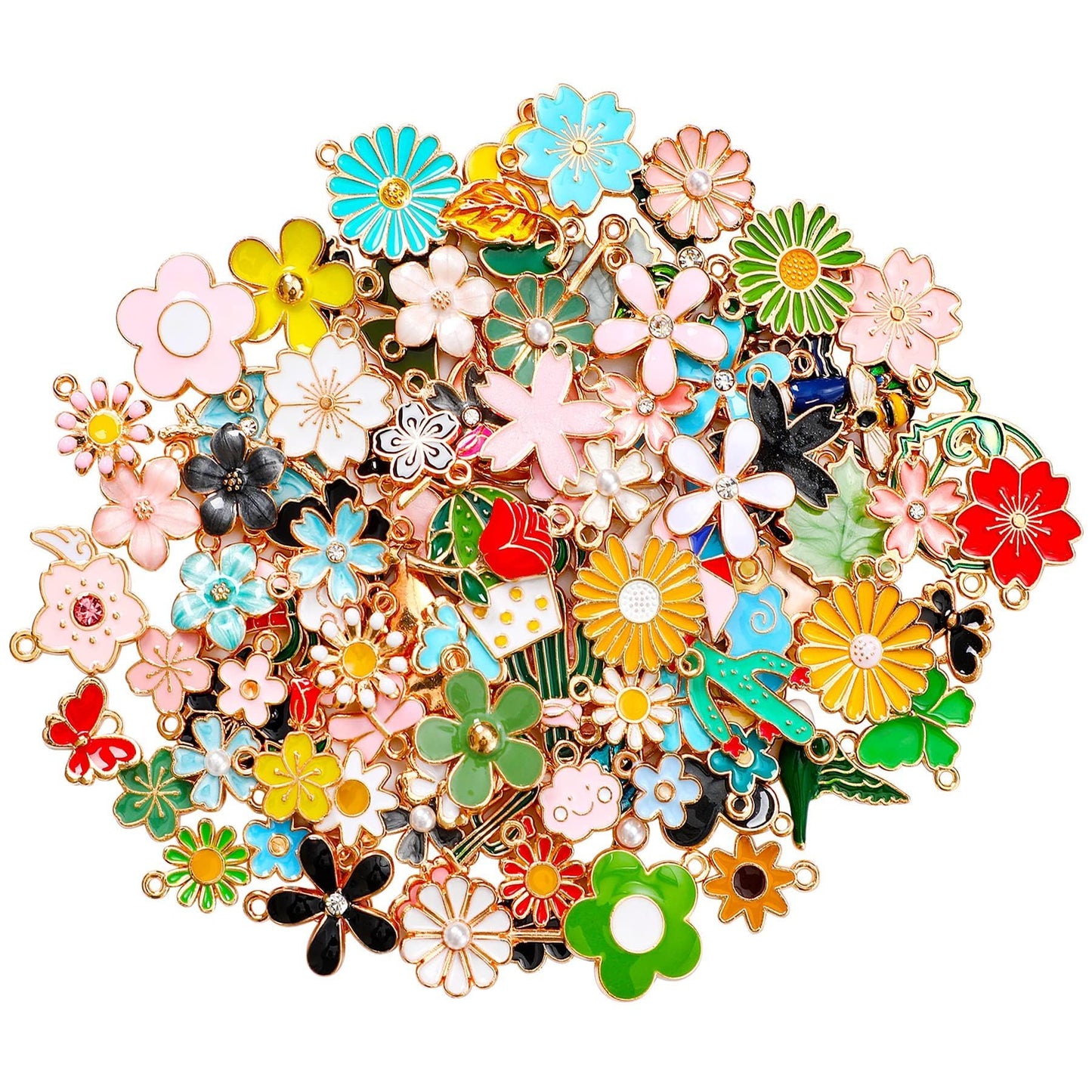 MARFOREVER 120 Pcs Spring Summer Floral Themed Charms, Flower Charms for Jewelry Making, Assorted Gold Enamel Charm Pendants for DIY Necklace Bracelet Earrings Supplies Gifts for Mom Women
