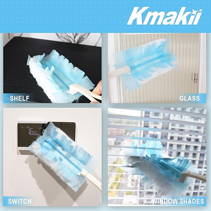 KMAKII Disposable Duster Refills, Compatible with S wiffer,Heavy Duty Electrostatic Blue Duster Heads, Ideal for Home Cleaning, Furniture, 1 Short Handle and 20 Refills