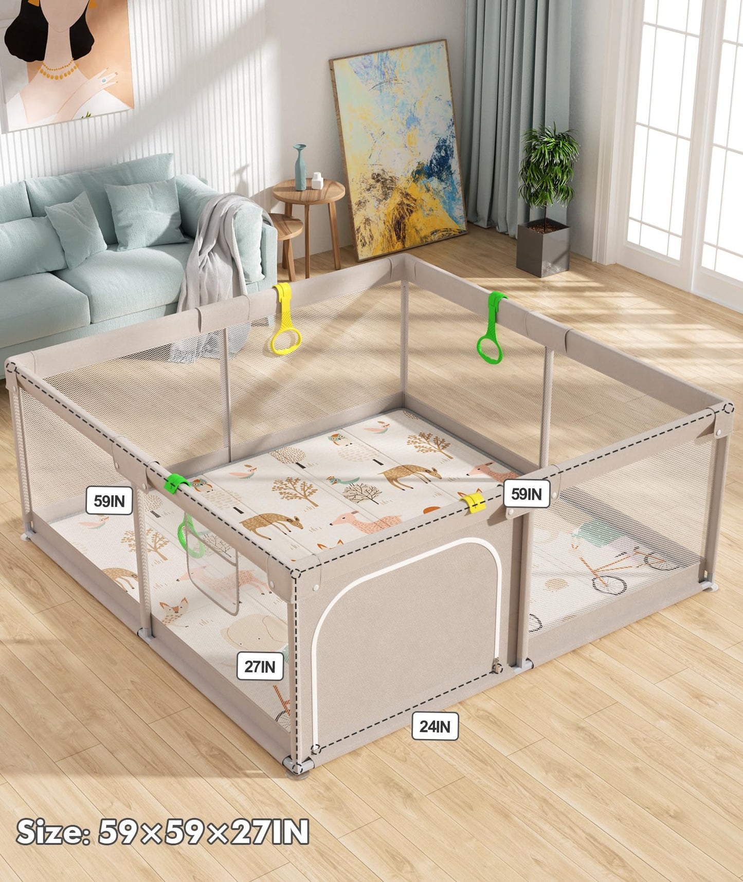 Mloong Baby Playpen with Mat, 59x59 Inches Extra Large Playpen for Babies and Toddlers, Indoor & Outdoor Activity Center, Safety Baby Fence