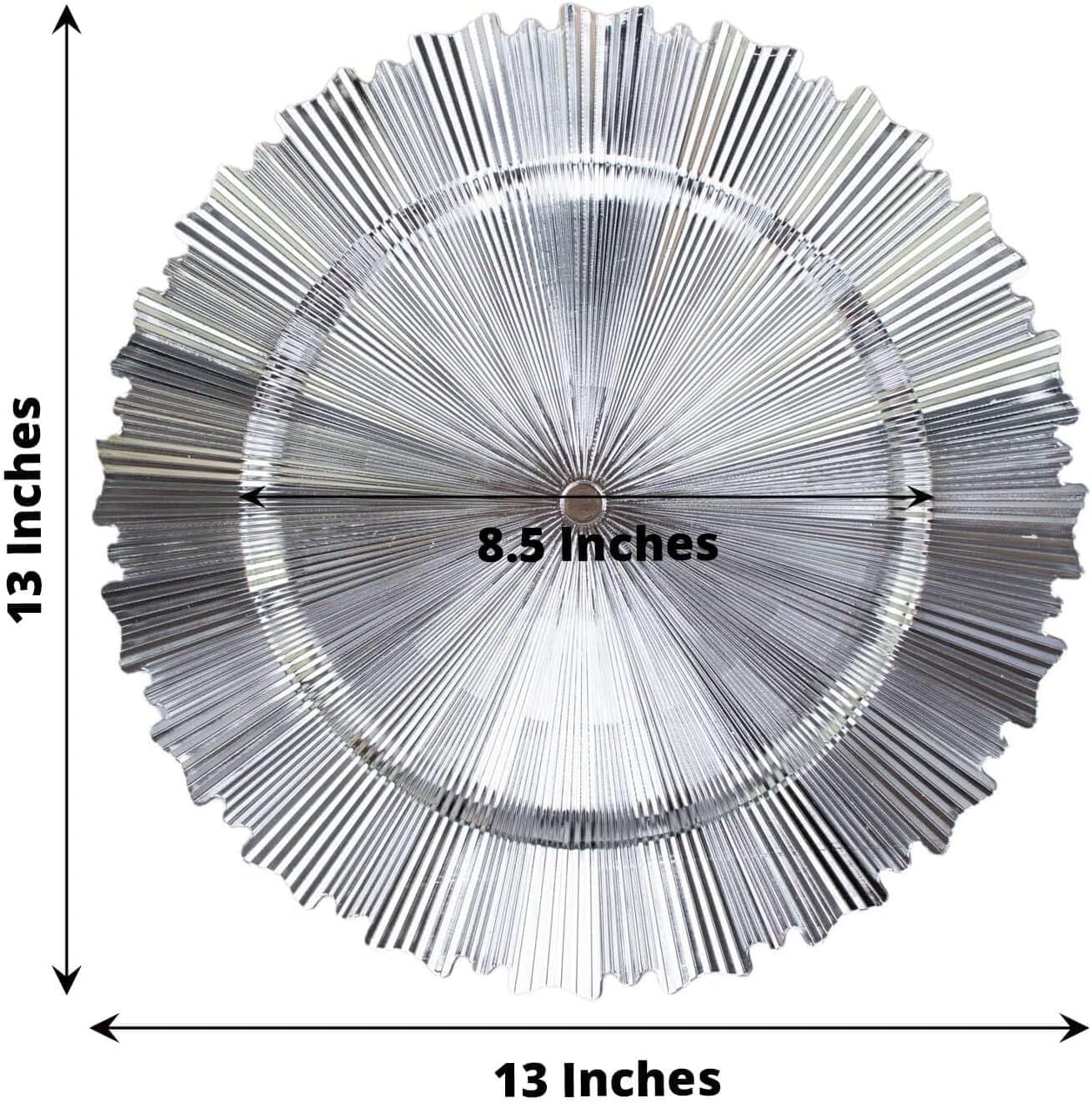 Efavormart 6 Pack | 13" Metallic Silver Sunray Acrylic Plastic Serving Plates, Round Scalloped Rim Disposable Charger Plates