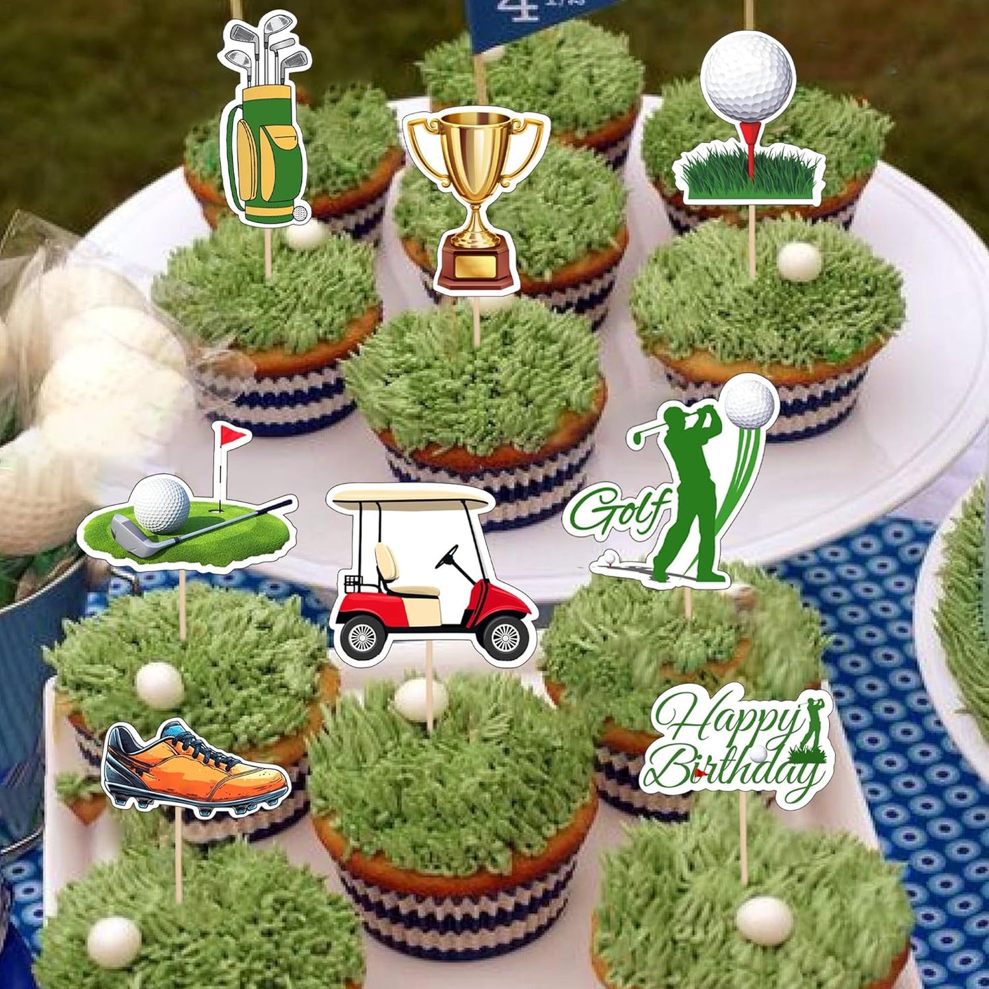 32 PCS Golf Cupcake Toppers Double Sided Trophy Golf Shoes Lawn Bag Ball Carts Cupcake Picks Sports Birthday Decorations for Sports Player Theme Baby Shower Kids Birthday Party Decoration Supplies