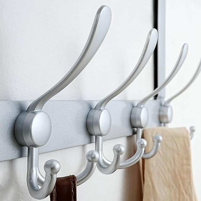 Dseap Over The Door Hook Hanger - 5 Tri Hooks, Heavy Duty Over The Door Towel Rack Coat Rack for Clothes Hat Towel, Silver, Pack of 2