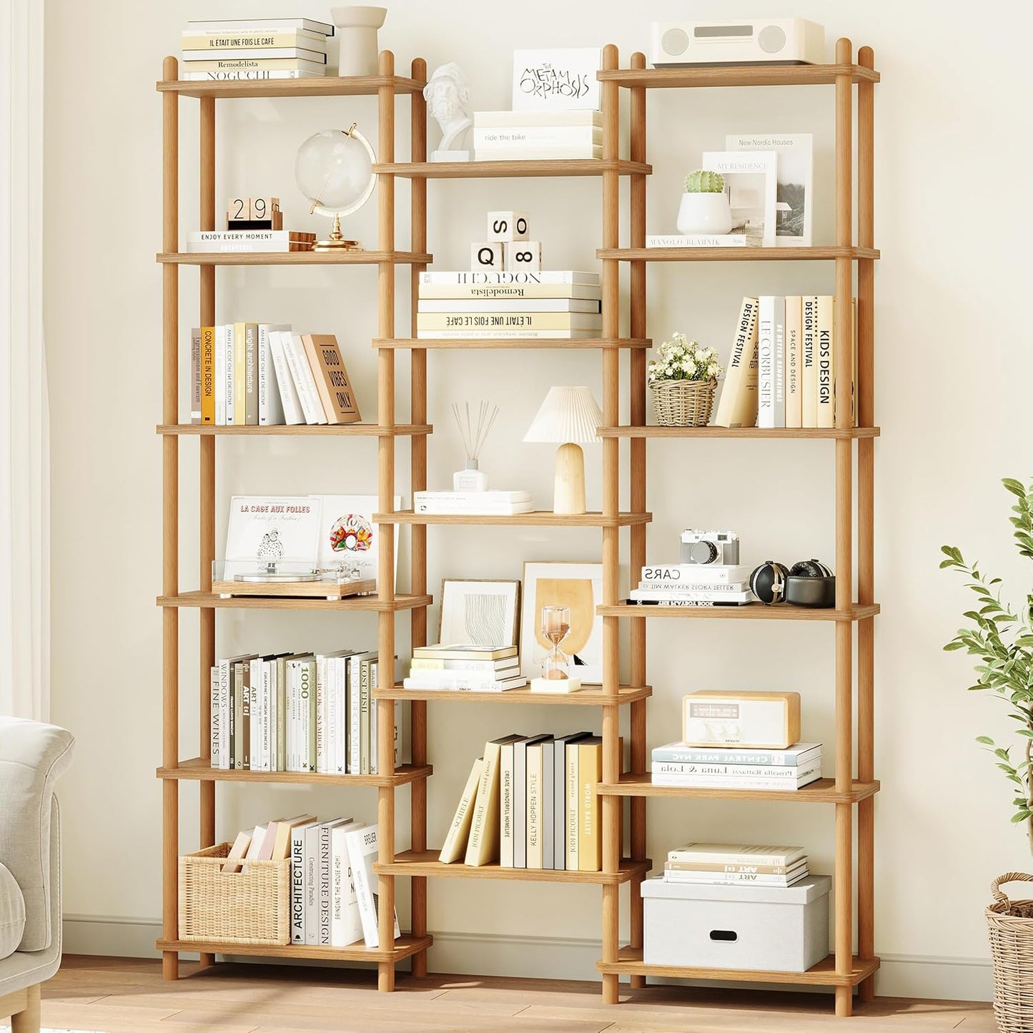 IOTXY Wooden Triple Wide Bookshelf - 6-Tier Large Shelf Bookcase with Solid Beech Frame, Tall Freestanding Open Etagere Display Rack for Home Office, Oak