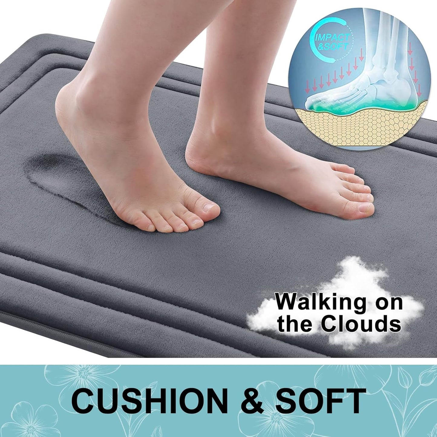 Grandaily Memory Foam Bath Mat Rug 30x20, Ultra Soft, Non-Slip and Absorbent Bathroom Rugs, Machine Wash Dry, Comfortable Bath Carpet for Bathroom Floor, Tub and Shower, Dark Grey