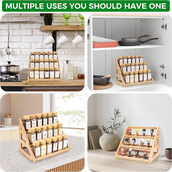 Spice Rack - 3-Tier Bamboo Spice Racks，Spice Rack Solves Cluttered Spices in Kitchens, Cabinets, Pantries, and More