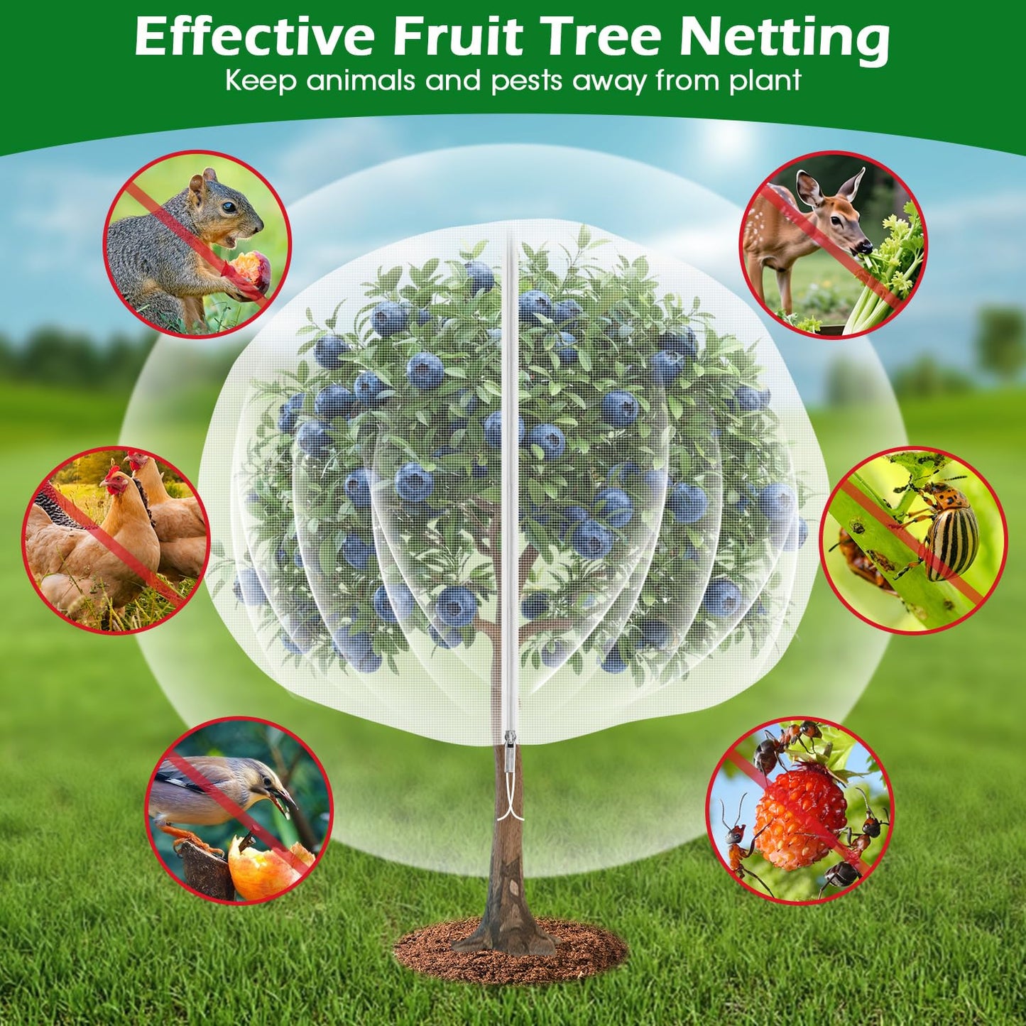 8'x8' Fruit Tree Netting Cover with Zipper and Drawstring, Ultra-Fine Mesh Garden Plant Insect Pest Net Barrier Protection Covers to Prevent Squirrel Bird Deer Cicadas Bag for Blueberry Tomato-1Pcs