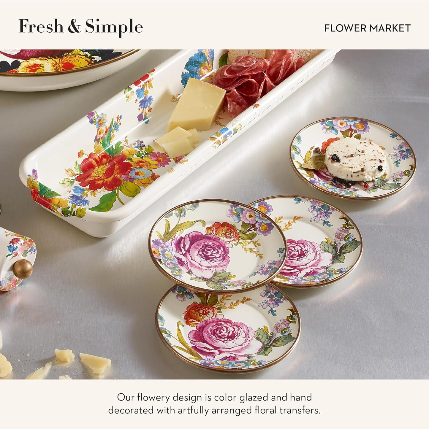 MACKENZIE-CHILDS Set of 4 Enamel Appetizer Plates, Mini Dessert Plates, 5 Inches, White Flower Market