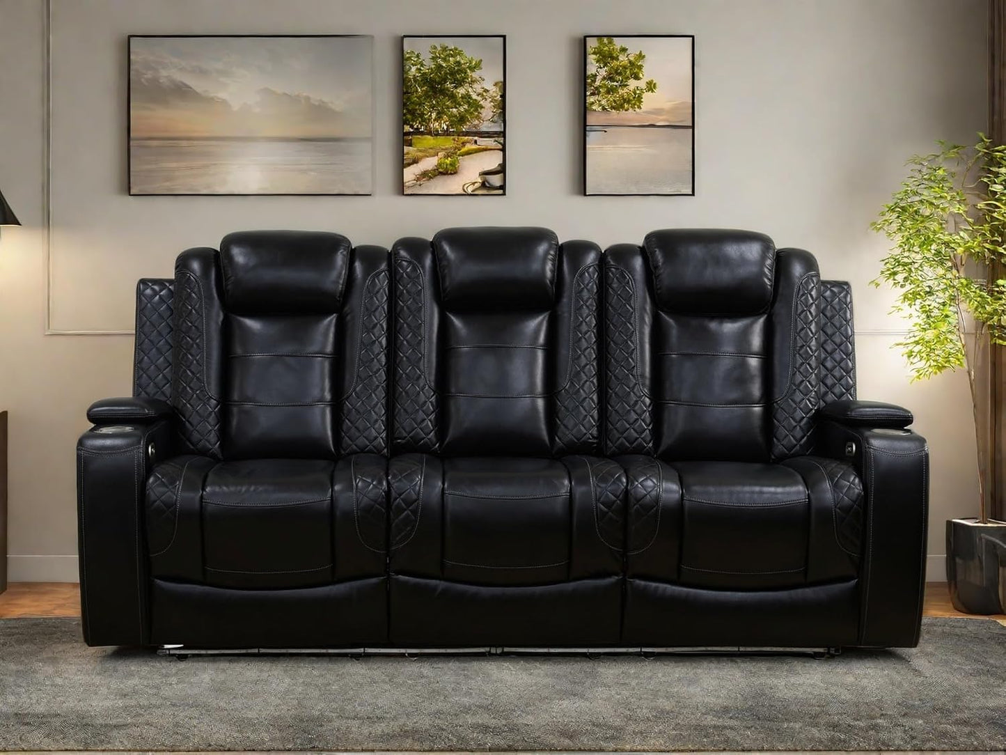 Leather Recliner Sofa Couch, 3-Seater Home Theater Seating Reclining Sofa, Power Reclining Couch with Cup Holders & Drop Down Table for Living Room Furniture Sets, Black
