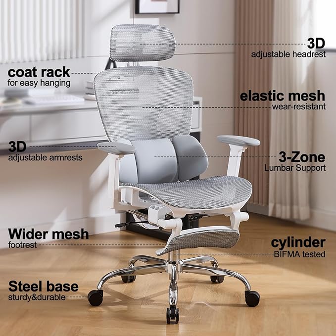 High Back Mesh Office Chair with Footrest, Ergonomic Office Chair w/ 3D Lumbar Support，Comfy Home Office Desk Chair for Work & Computer Gaming, 400 LBS (Gray)