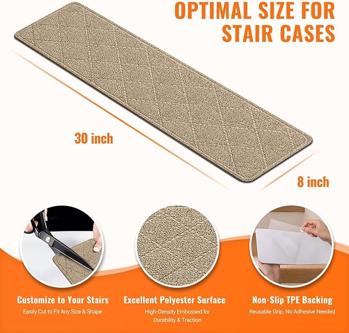 Stair Treads Non-Slip for Wooden Steps, 4Pack - 8" x 30" Edging Stair Runner Indoor for Kids Elders & Pets, Washable Carpet Stair Treads with Peel & Stick Reusable TPE Backing, Beige
