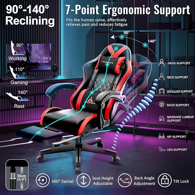 Gaming Chair,Ergonomic Massage Computer Office Desk Chair with Footrest,Pocket Spring Cushion,Reclining Leather Adjustable Gamer Chair with Headrest and Lumbar Support,Red