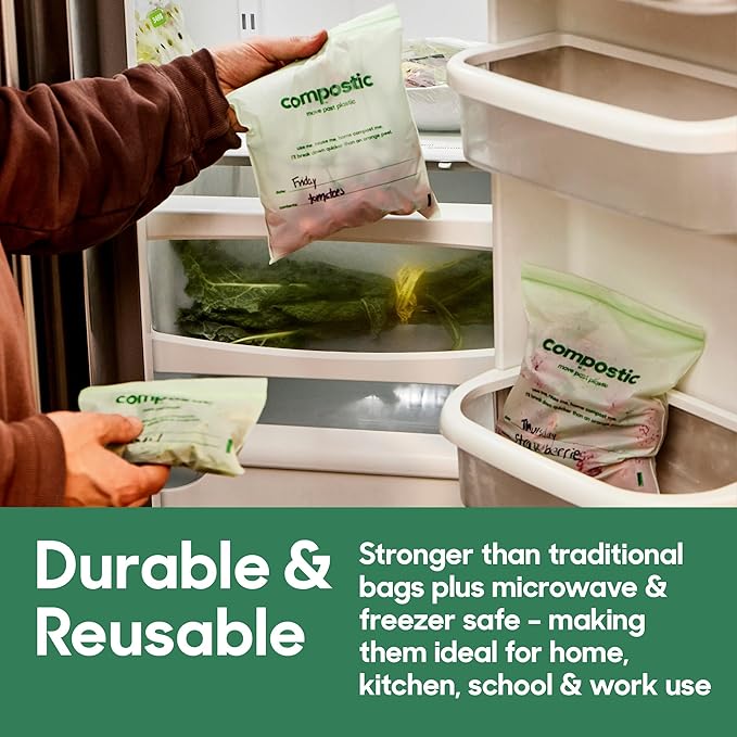 Compostic Home Compostable Resealable Sandwich Bags (7"x7"), Microwave & Freezer Safe, Organic Food Storage Container, 60 Count