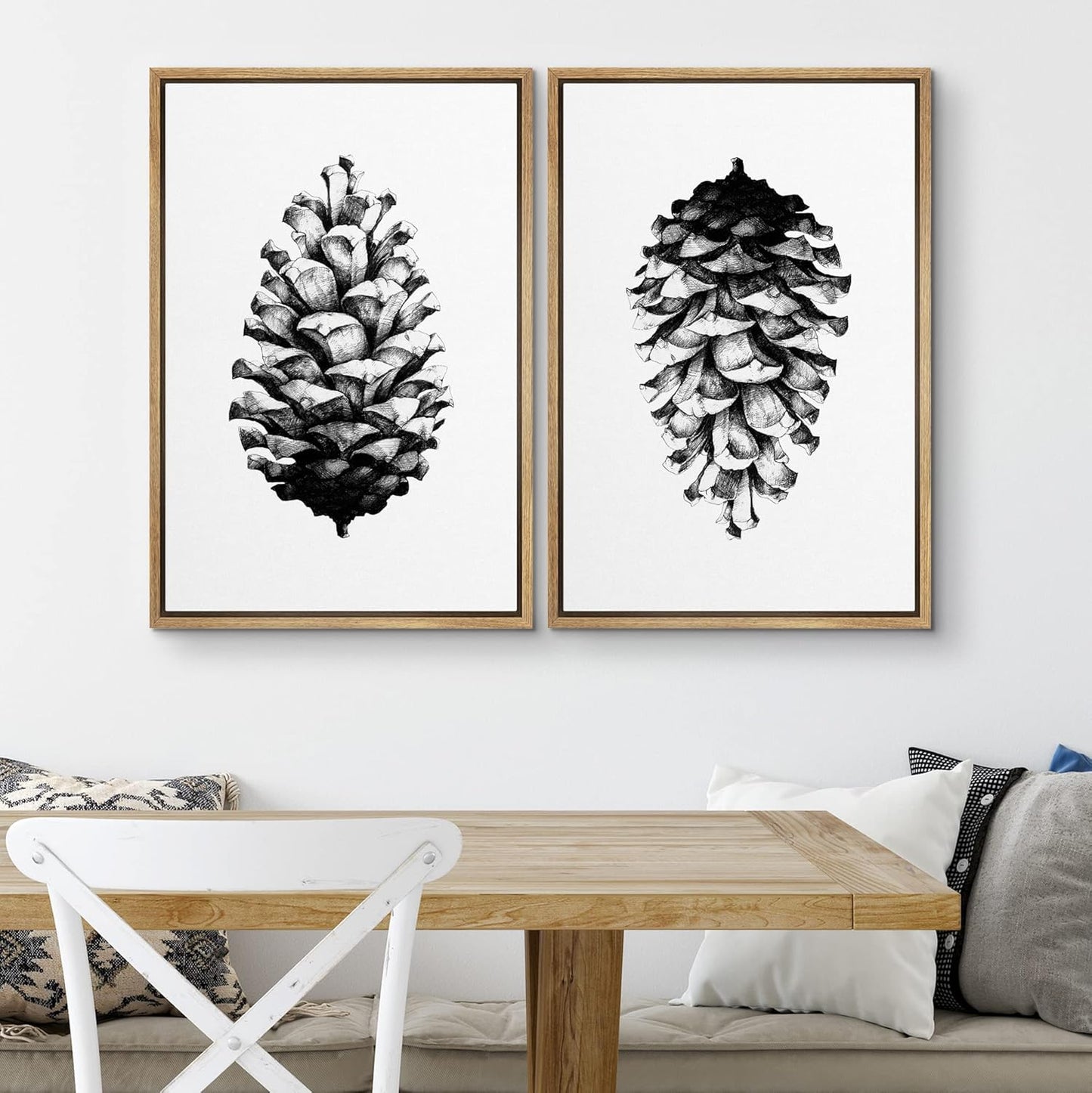 SIGNWIN Framed Canvas Print Wall Art Set Black & White Forest Woodland Pinecone Nature Wilderness Illustrations Modern Art Rustic Relax/Calm for Living Room, Bedroom, Office - 16"x24"x2 Natural