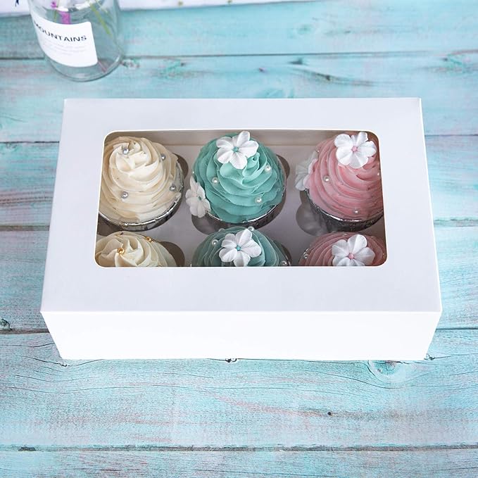ONE MORE Cupcake Boxes with Inserts 6 Holders,9.5x6.3x3inch Large White Standard Bakery Boxes with Window Food Grade Cake Carrier Container for Muffins,Gift Treat Box Bulk,Pack of 15