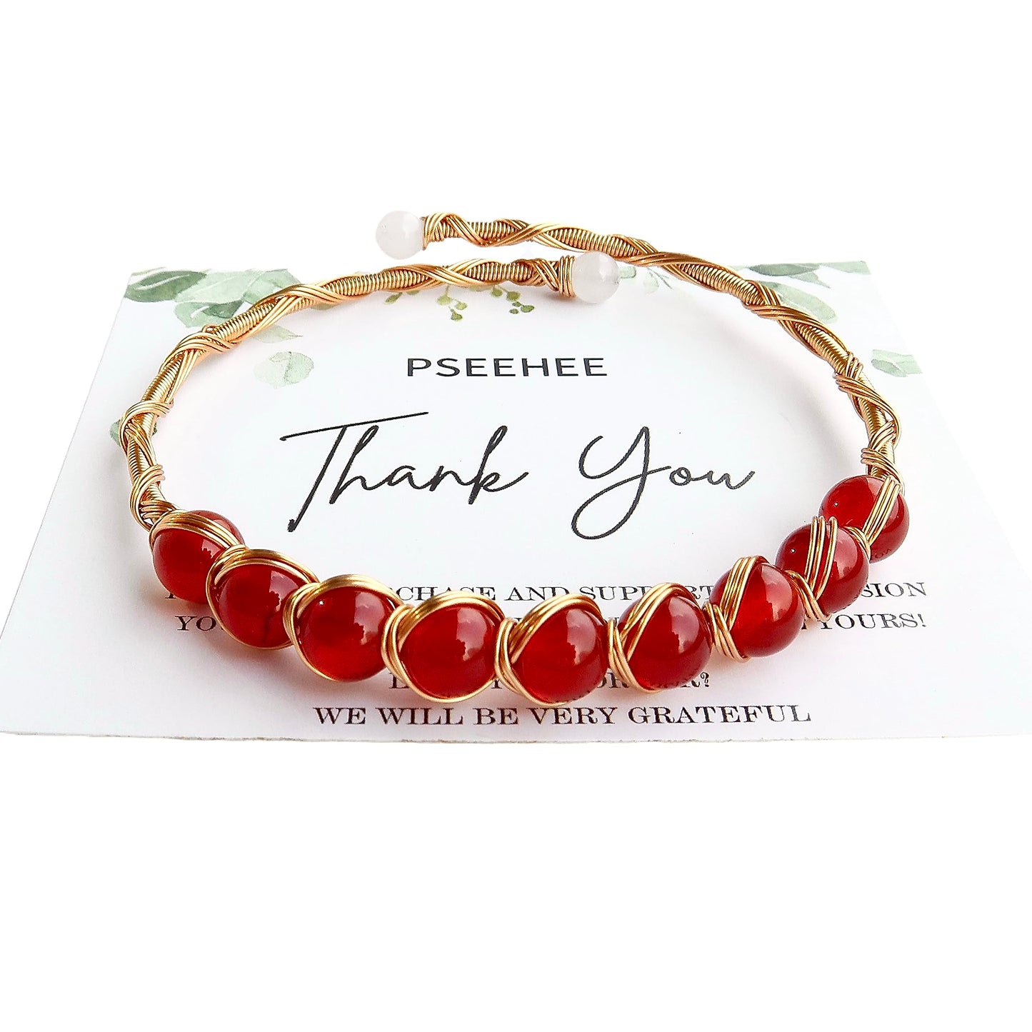 PSEEHEE Handmade Genuine Red Agate 14k Gold Filled Wire Wrapped Bracelet, Birthstone Chakra Healing Grounding Gemstone Crystal Beads Adjustable Bangle Cuff Jewelry Gift for Women