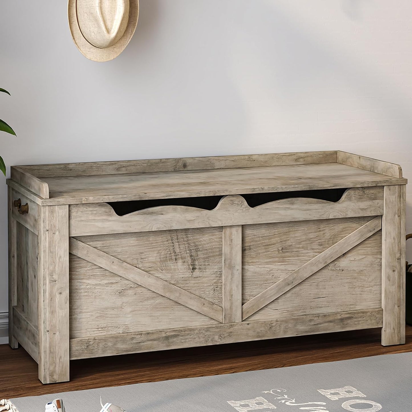 39.4" Storage Chest, Lift-Top Storage Trunk with 2 Safety Hinges, Wooden Bench Box Chest Organizer for Bedroom, Entryway, Living Room, Greige SB04505X