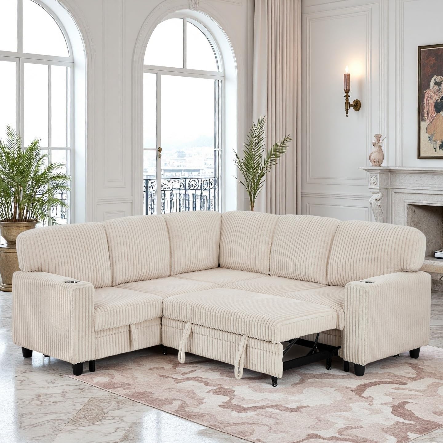 Couch, L-Shaped Sleeper Sofa with Storage, Sectional Couches for Living Room, 5-Seat Couch with Pull Out Bed, Convertible Sofa with USB Charging, for Living Room, Apartment, Beige