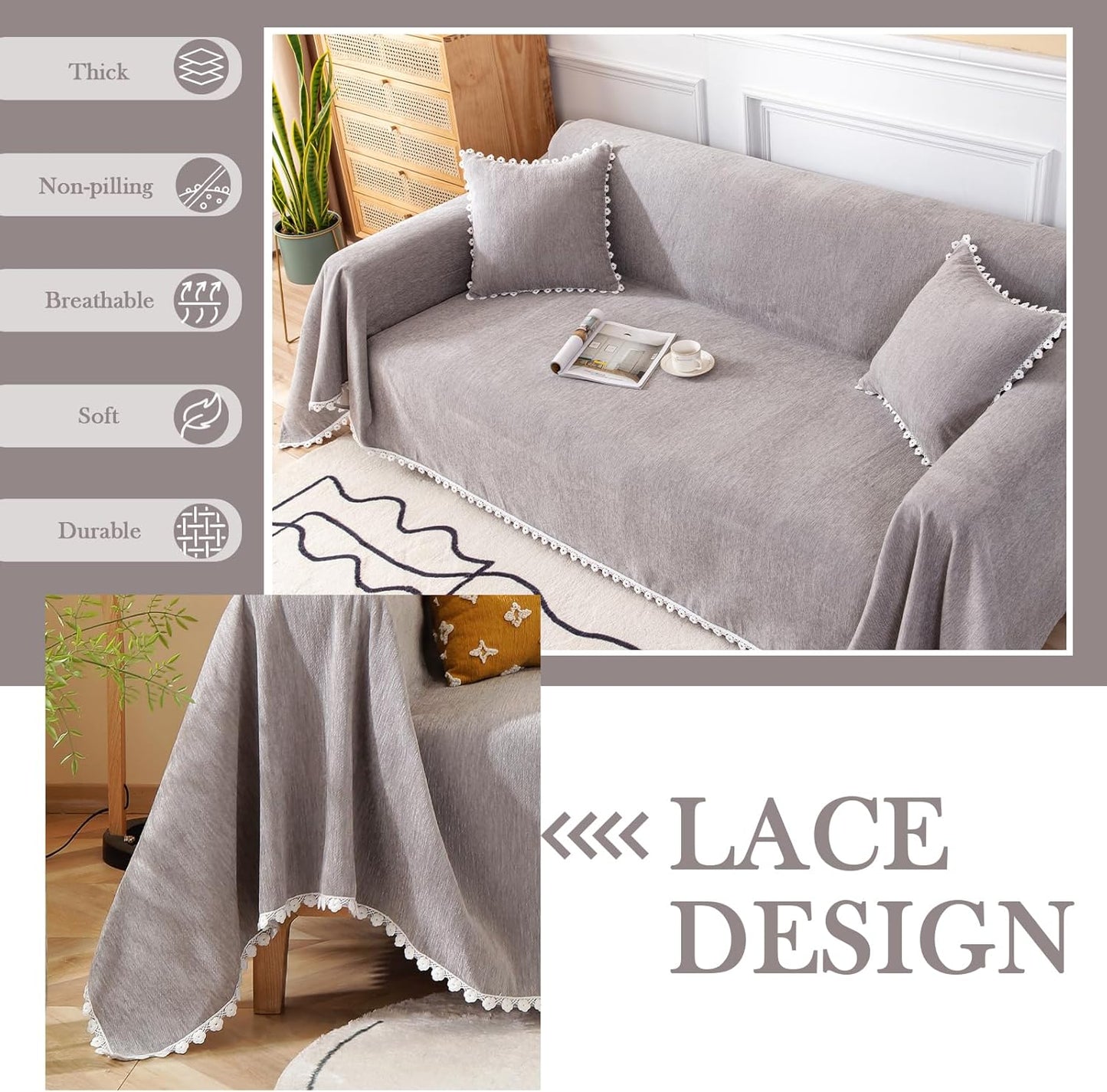 HANDONTIME Couch Cover for Dogs Grey Sectional Couch Covers for 2 Cushion Couch Sofa Flower Cute Sofa Covers Machine Washable Easy Install Couch Blanket Cover Slip Covers for Sofas/Couches, 71" X118"
