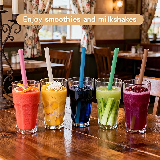 Silicone Straws Reusable – 18 Pack Extra Long Food Grade Rubber Straw with Cleaning Brush, Soft Flexible Silicone Reusable Straws for Smoothies, Coffee & 20oz 30oz Tumblers (Green)