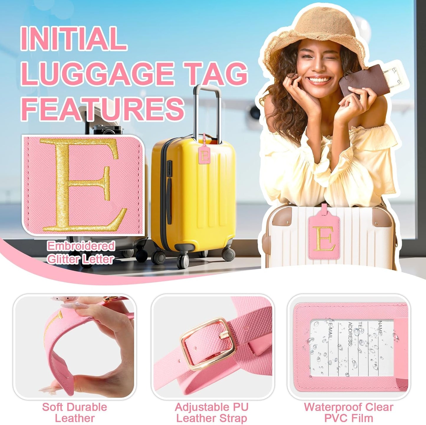 Personalized Initial Luggage Tags for Suitcase, Pink Leather Cute Luggage Tags with Privacy Cover Name Card, Embroidered Custom Monogrammed Luggage Tag Travel Bag Baggage Tags Gifts for Women Kids(E)