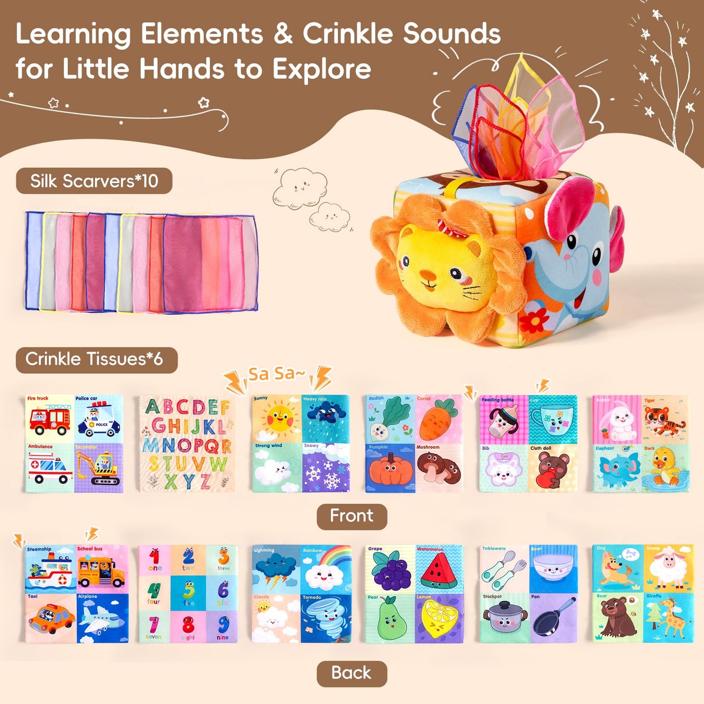 Baby Tissue Box Toy - Montessori Sensory Toys for 6-12 Months Infant, Baby Toys 6 7 8 9 Month - 1 Year Old with 6 Crinkle Tissues & 10 Scarves, Developmental Tissue Pulling Toy Boy Girl Birthday Gift