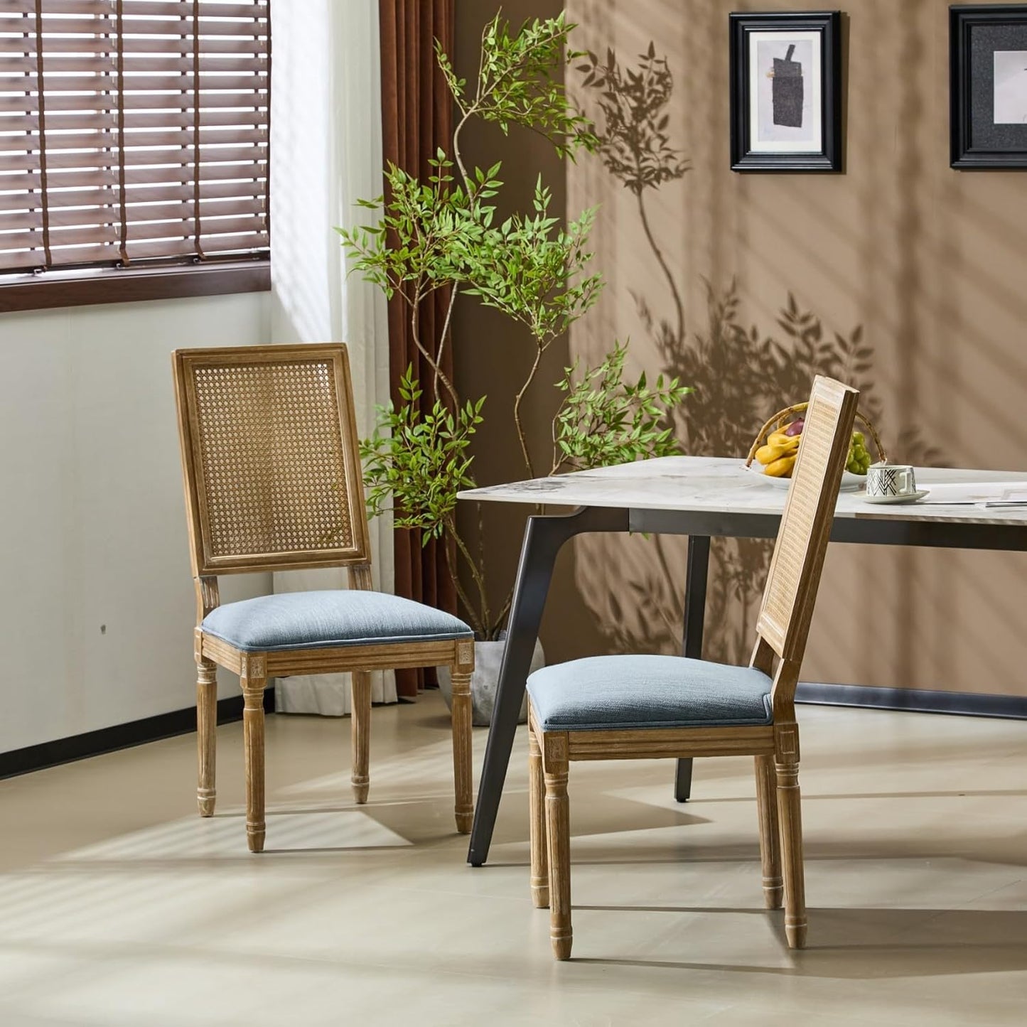Merax Upholstered Solid Wood Dining Chairs Set of 2, French Country Style Accent Side Seating Furniture for Kitchen, Living Room, Wicker Back, Slate Blue