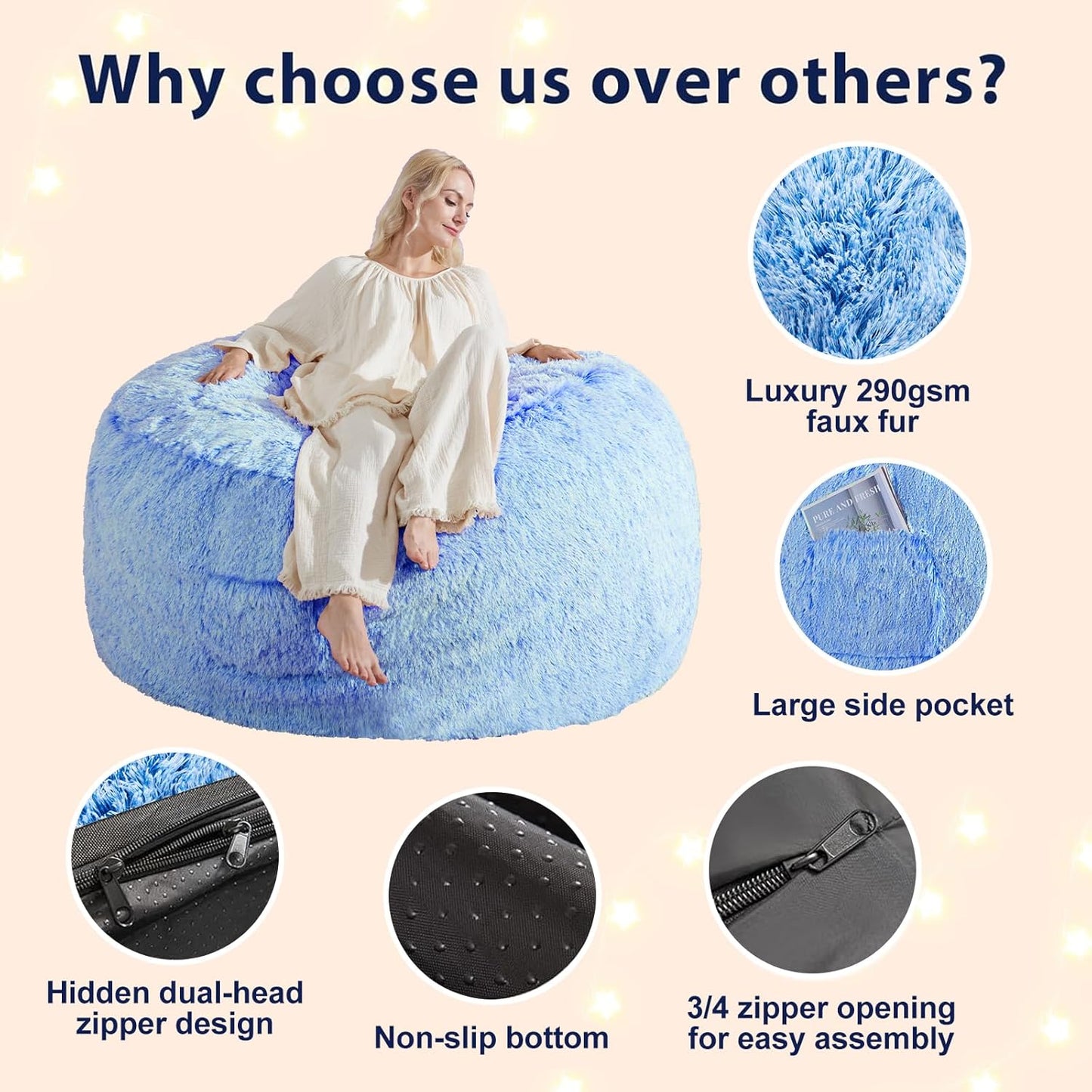 Bean Bag Covers Only, Fluffy Stuffed Beanbag Chair Covers No Filler, Washable Bean Bags Cover for Adults, Stuffed Animal Bean Bag Anti-Slip, 6FT, Blue