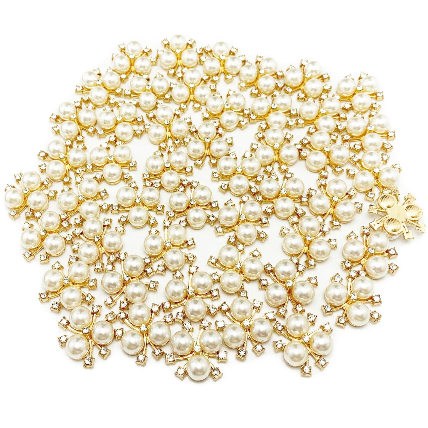 BETITETO 50Pcs Pearl Rhinestone Charms Buttons Embellishments Bulk Flatback for Shoe Decoration Jewelry Making Clothes Brooch Headbands and Wedding Flower Bouquet Crafts DIY (#1 Gold Alloy)