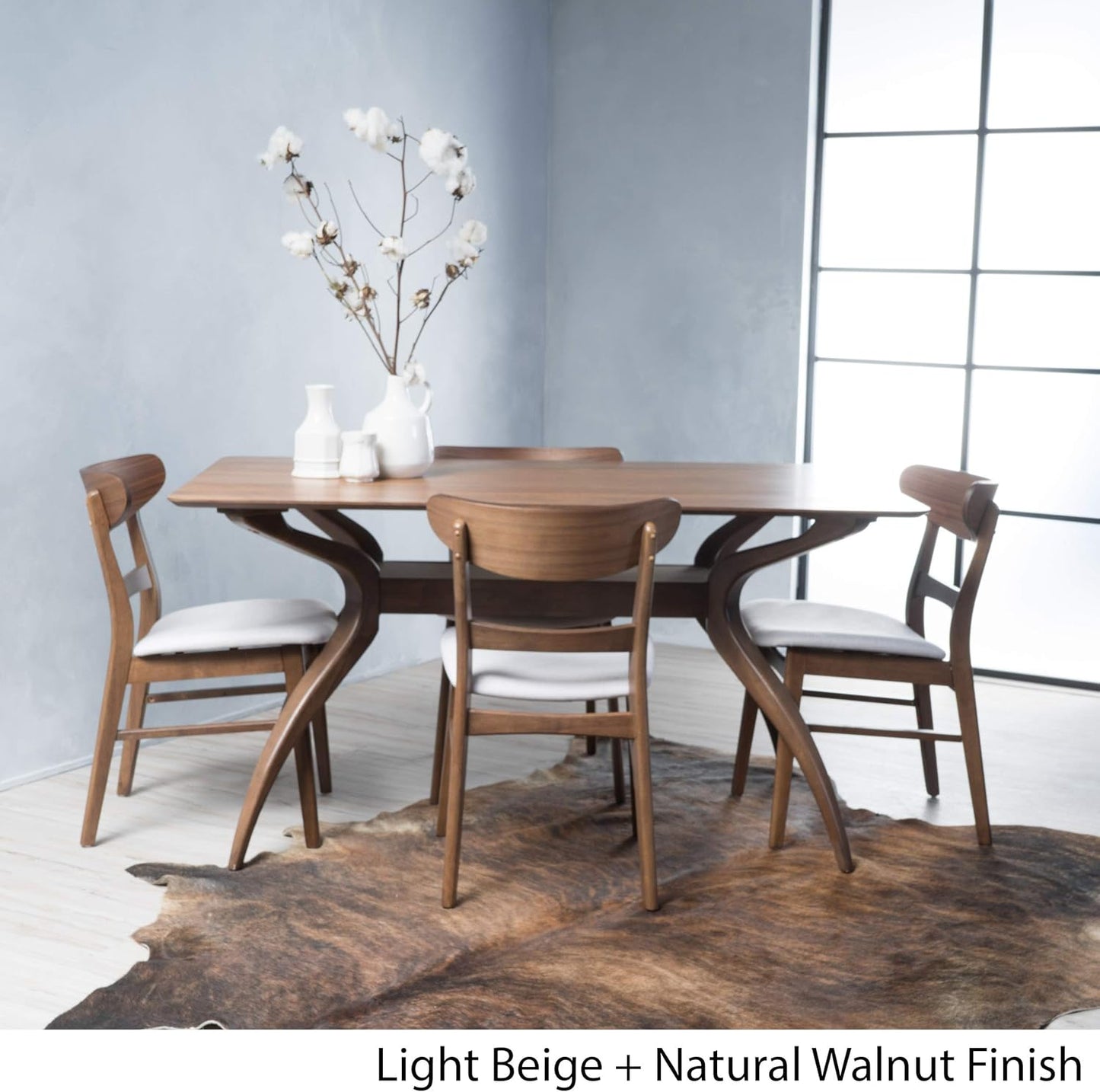 Christopher Knight Home Idalia Curved Leg Rectangular Dining Set, 5-Pcs Set, Natural Walnut / Light Beige