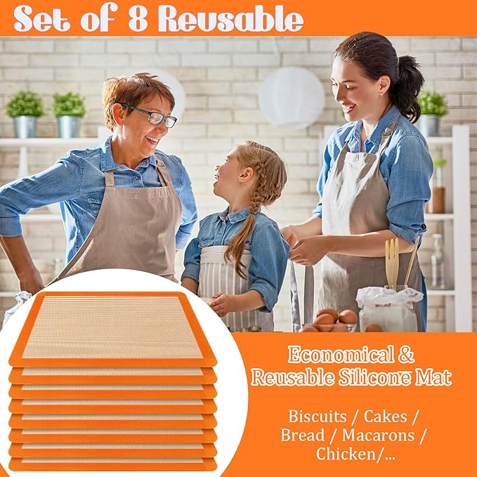 Nuanchu 8 Pieces Silicone Baking Mat Non-stick Silicone Baking Half Sheet 16.5'' x 11.6'' Silicones Cookie Sheet Easy Clean Oven Cookie Liner for Oven Making, Macaroon, Bread Pastry (Orange)