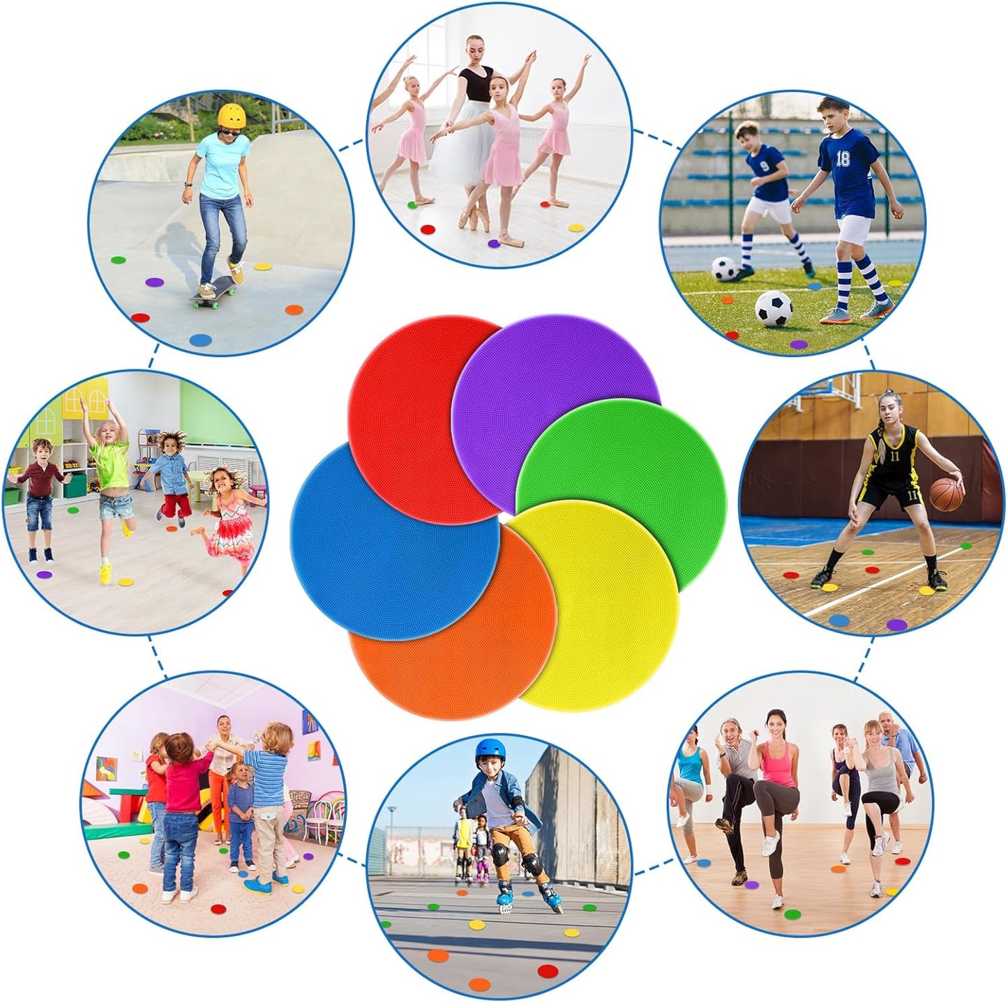 9 Inch Poly Spot Markers for Gym Floor Poly Spots, 12/18/24/36 Pcs Round Non-Slip Rubber Floor Dots Agility Markers Flat Cones for Sports Soccer PE Training, Dance, Classroom Activities