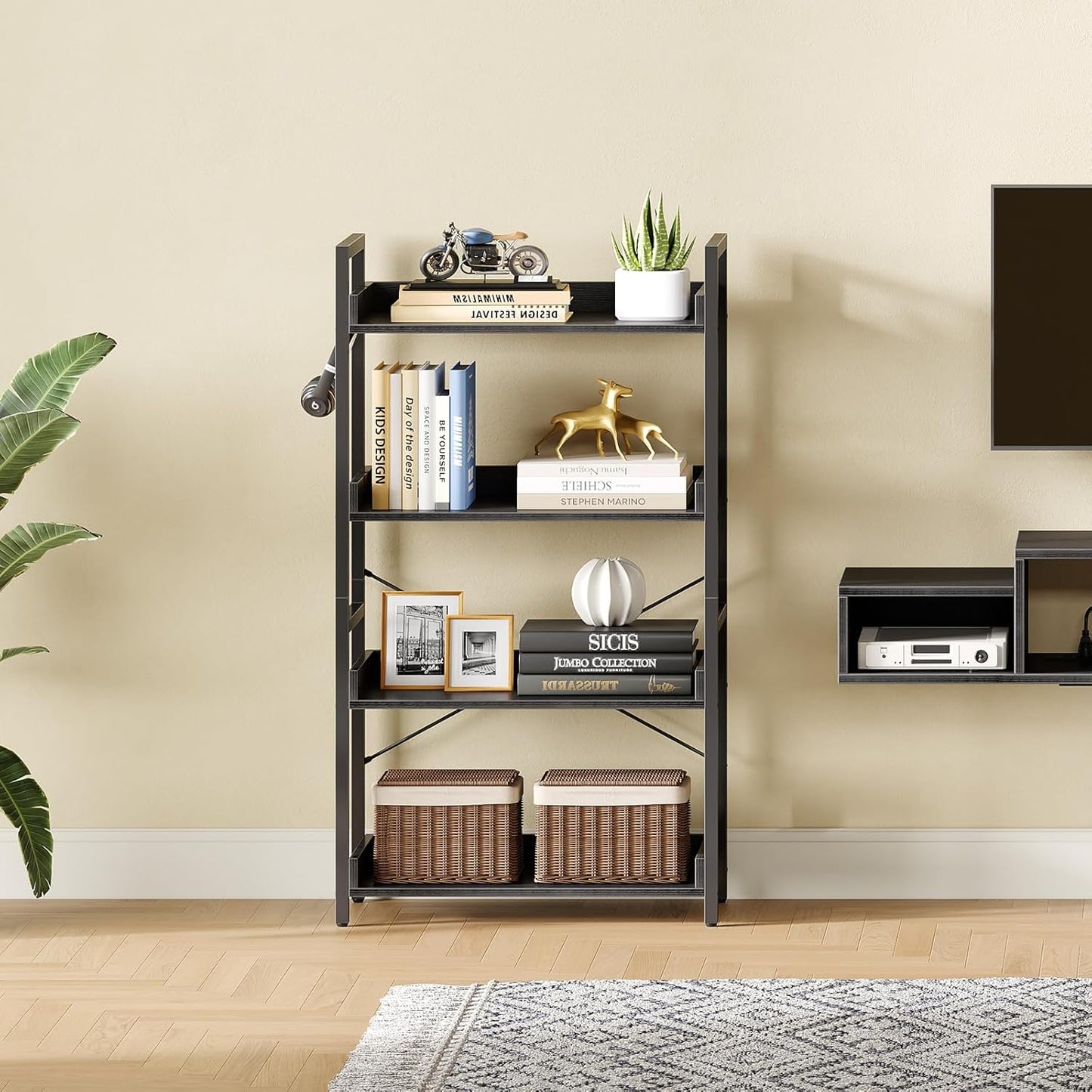 Rolanstar Bookshelf 4 Tier with 4 Hooks, Industrial Bookcase, Vintage Storage Rack with Open Shelves, Rustic Standing Bookshelves Metal Frame Display Rack for Living Room, Bedroom, Black