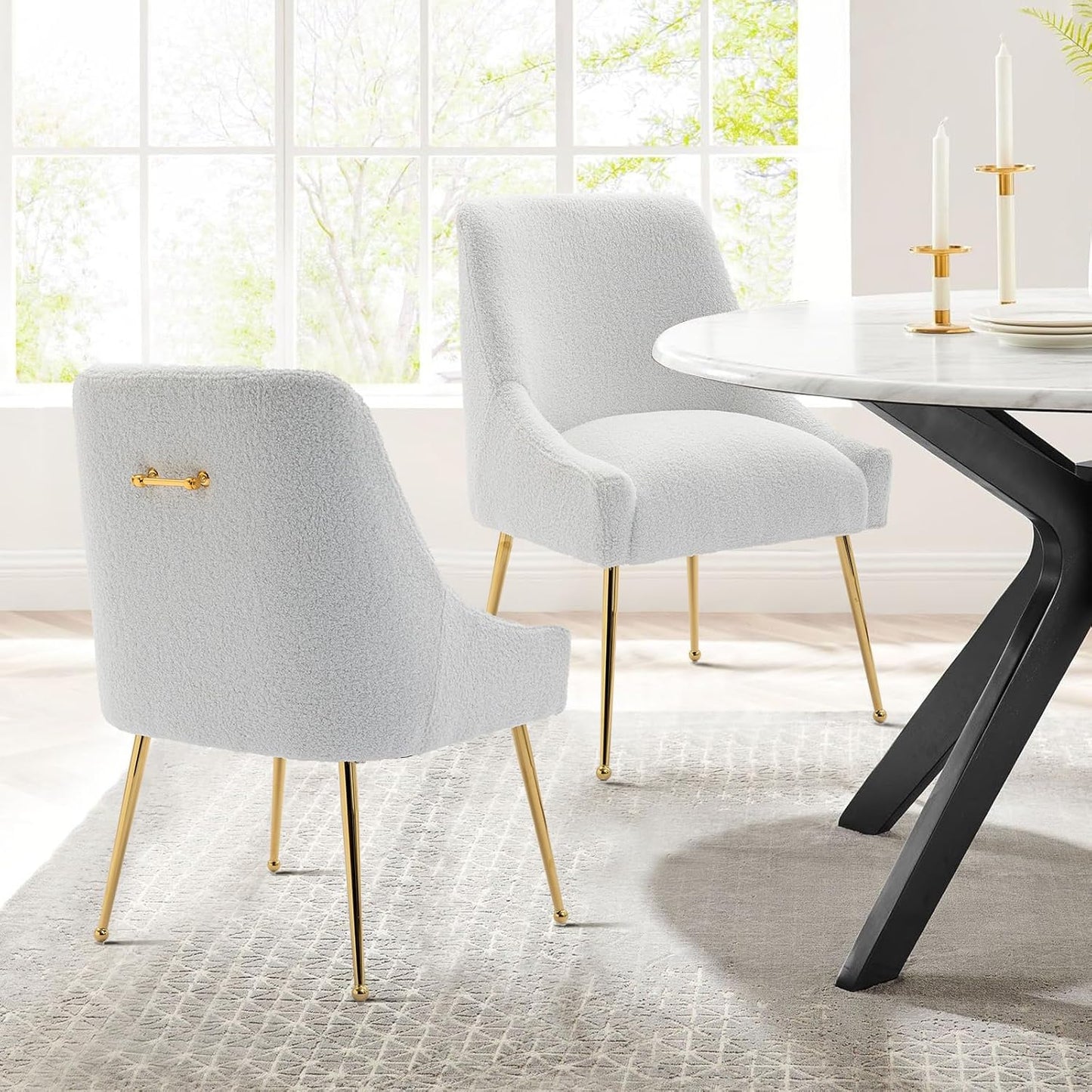 Modern Velvet Dining Chairs Set of 2, Contemporary Upholstered Furniture Collection with Polished Gold Metal Legs, Elegant Accent Chairs for Kitchen Living Room(Teddy Fleece,White)