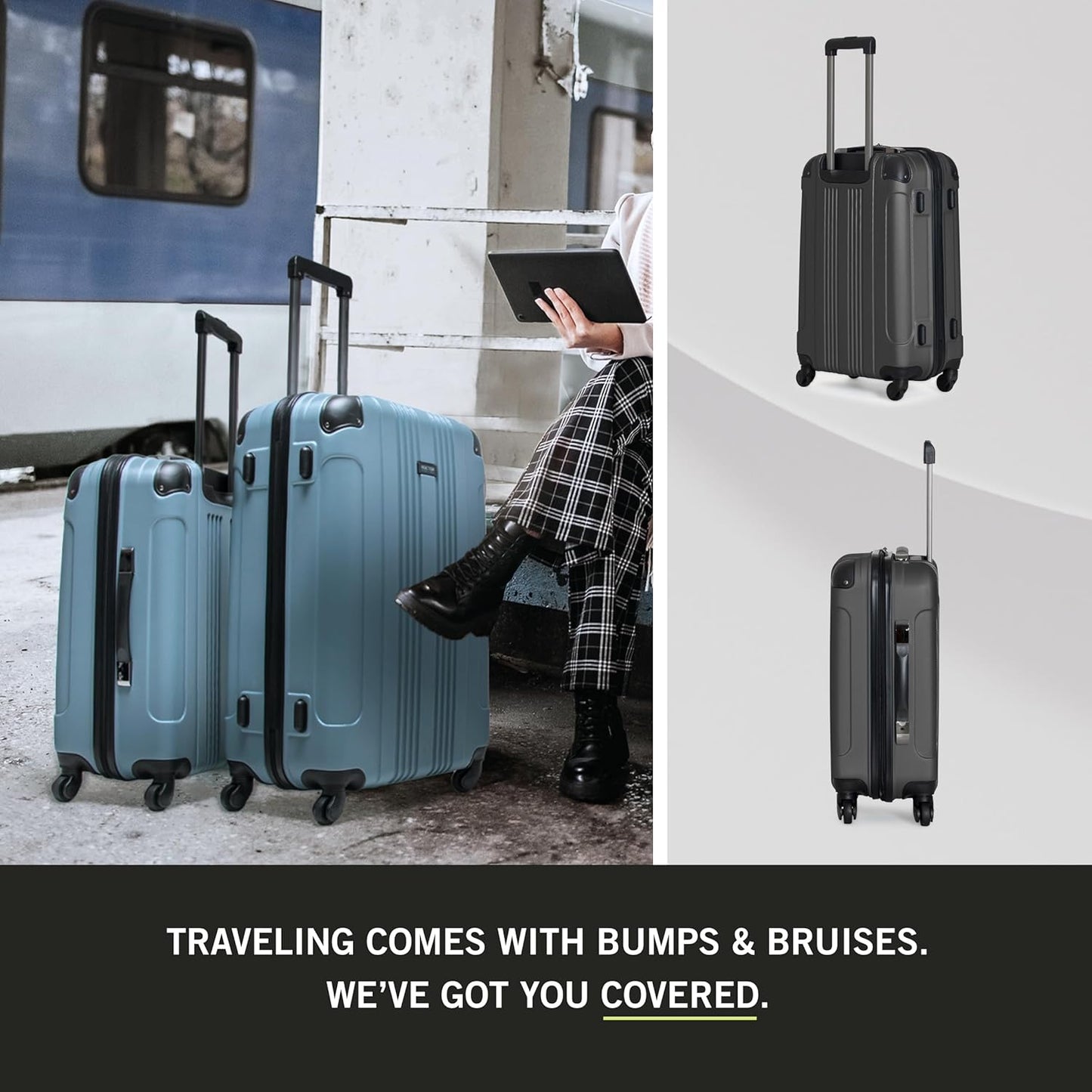 Kenneth Cole REACTION Out of Bounds Lightweight Hardshell 4-Wheel Spinner Luggage, Charcoal, 3-Piece Set (20", 24", & 28")