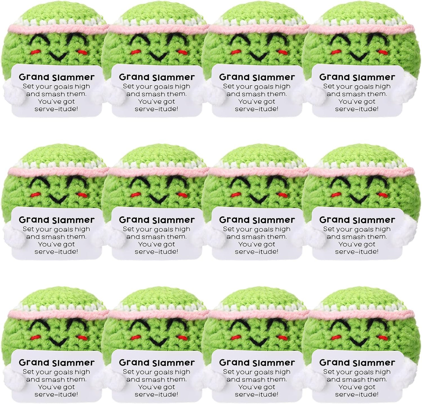 12pcs Funny Tennis Gifts for Team Bulk Tennis Balls with Motivational Cards Positive Handmade Mini Crochet Team Gift for Coach Women Men Coworker Birthday Christmas Party Favors