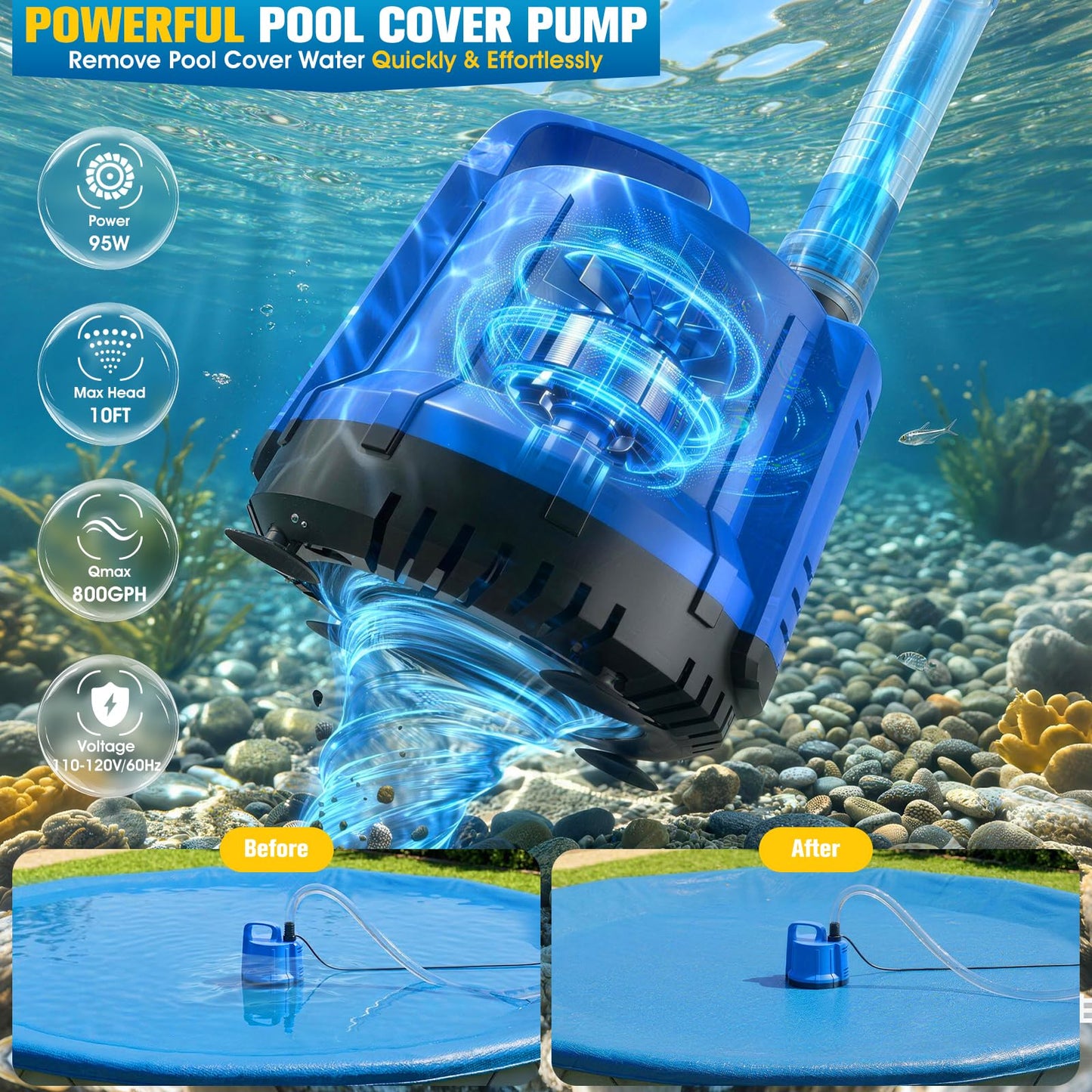 2026 Patented Pond Filter with Pump Fountain Lights, 2-in-1 Pond Filter with Pond Pump and Fountain Kit,Pond Filter Fountain for Koi Pond Filters System, Auto Water Sensor, 16ft Hose-Dark Blue