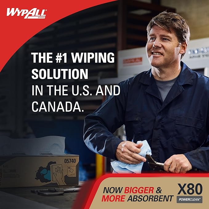 WypAll PowerClean X80 Cloths Heavy Duty Wipes (41025), Jumbo, Extended Use Towels, White (1 Roll of 455 Sheets, 455 Sheet Total)