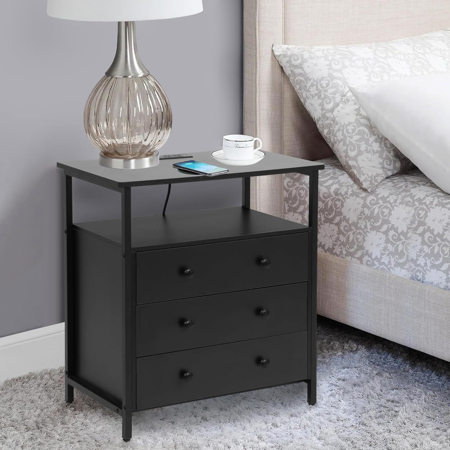 3 Wooden Drawers Nightstand, 27 Inch Wide Night Stand Set 2 with Charging Station and Adjustable Drawers, Bedside Table for Living Room/Bedroom/Office, Black.