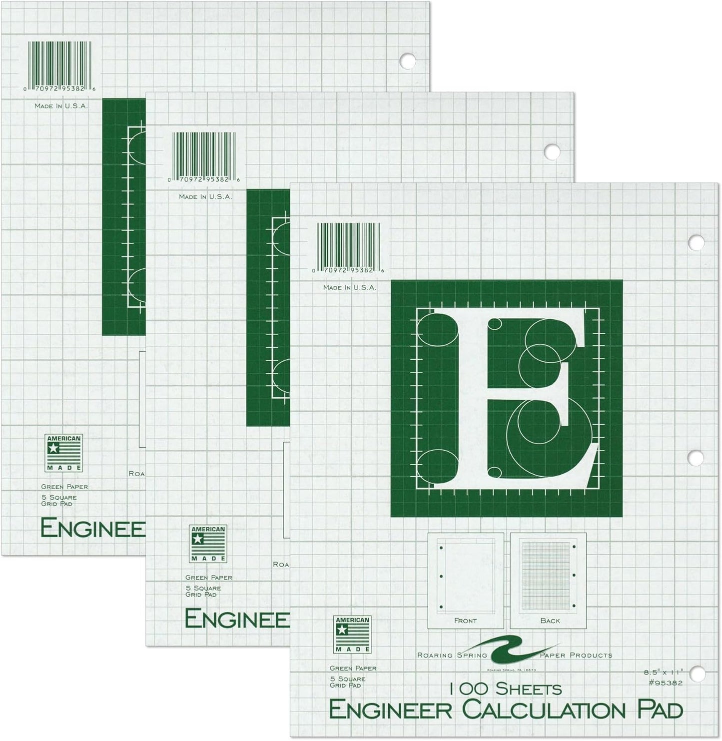 ROARING SPRING Engineering Pad, 3-Pack, 8.5" x 11", 100 Sheets 15# Green Paper, 5x5 Printed Back Enclosed Grid, Top Glued, 3-Hole Punched, Proudly Made in USA, Heavy Backing Board