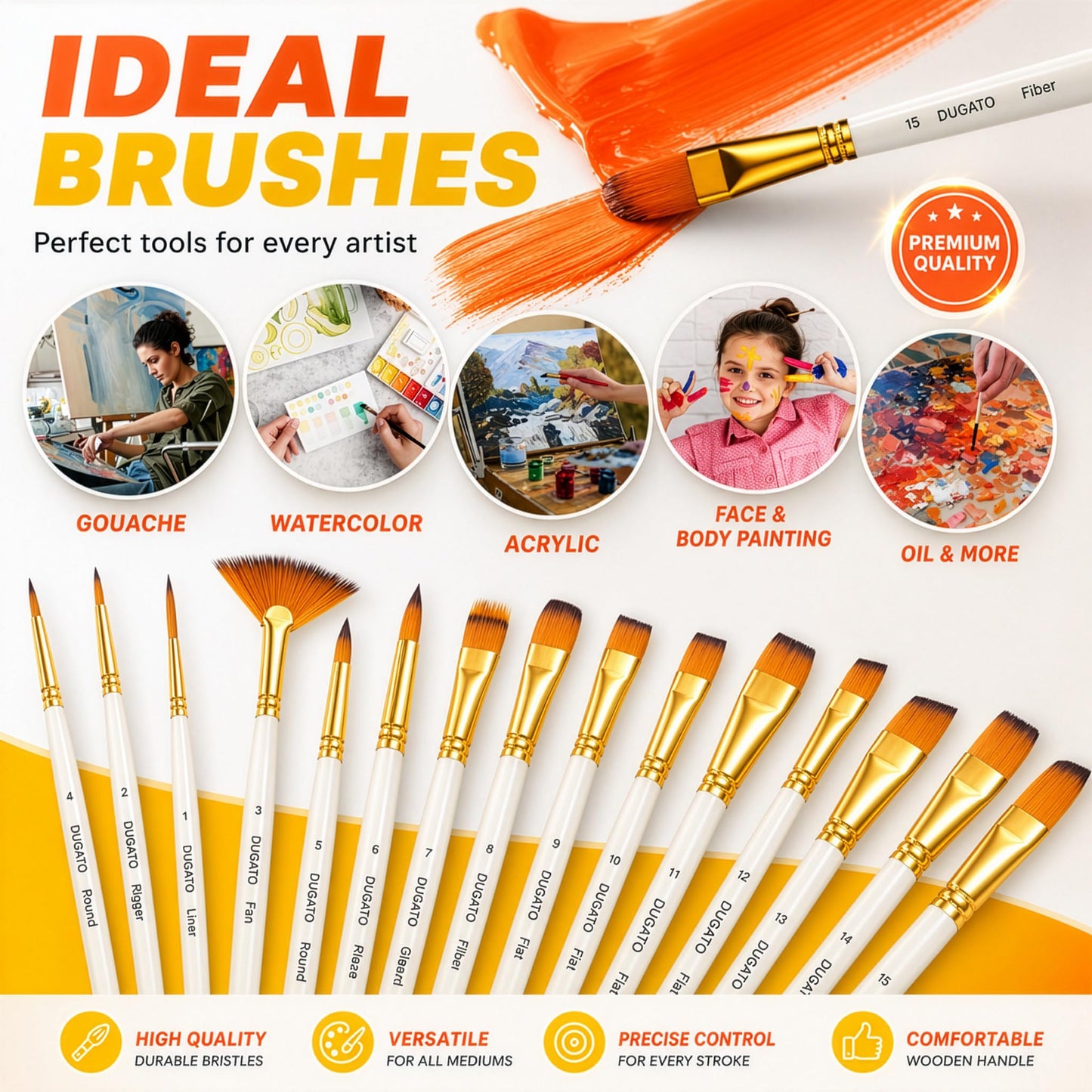 DUGATO 15pc Artist Paint Brush Set with Pop-Up Case, Palette Knife & Sponges - Nylon Hair for Acrylic, Oil, Watercolor, Gouache, Model & Craft Painting