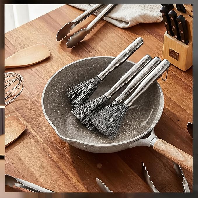4 Pcs Stainless Steel Dish Brush with Handle Heavy Duty Kitchen Scrub Brush for Dishes Pots and Pans 304 Stainless Steel Long Handle Washing Brushes Metal Scrubber for Dishwashing Cleaning