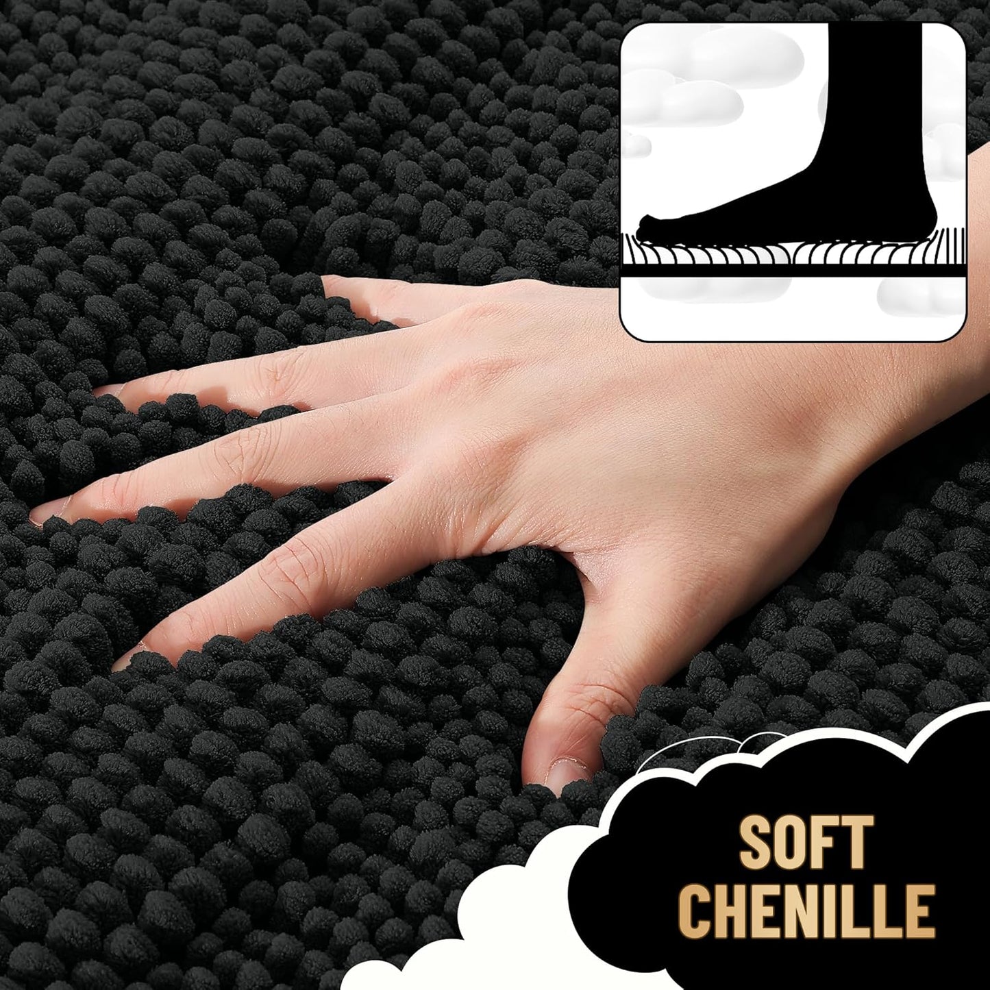OLANLY Thick Bathroom Rugs 30x20, Extra Soft Absorbent Chenille Striped Bath Rugs, Rubber Backing, Machine Wash Dry, Bath Mats for Bathroom Floor, Tub and Shower, Home Decor Accessories, Black