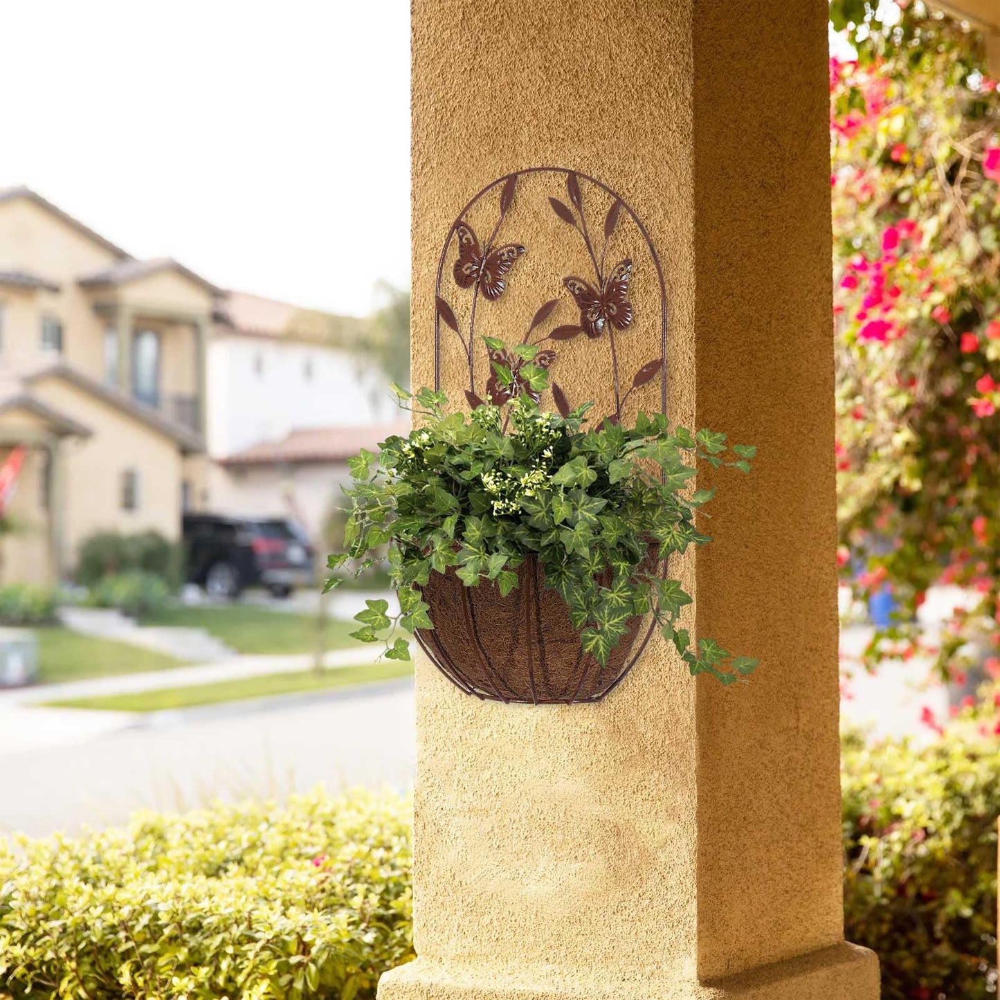 BAYN 2PK Wall Hanging Planter Decor Art with Butterfly, Metal Wall Mounted Planters Indoor Outdoor Wall Planter for Succulent Herb Home Garden Yard