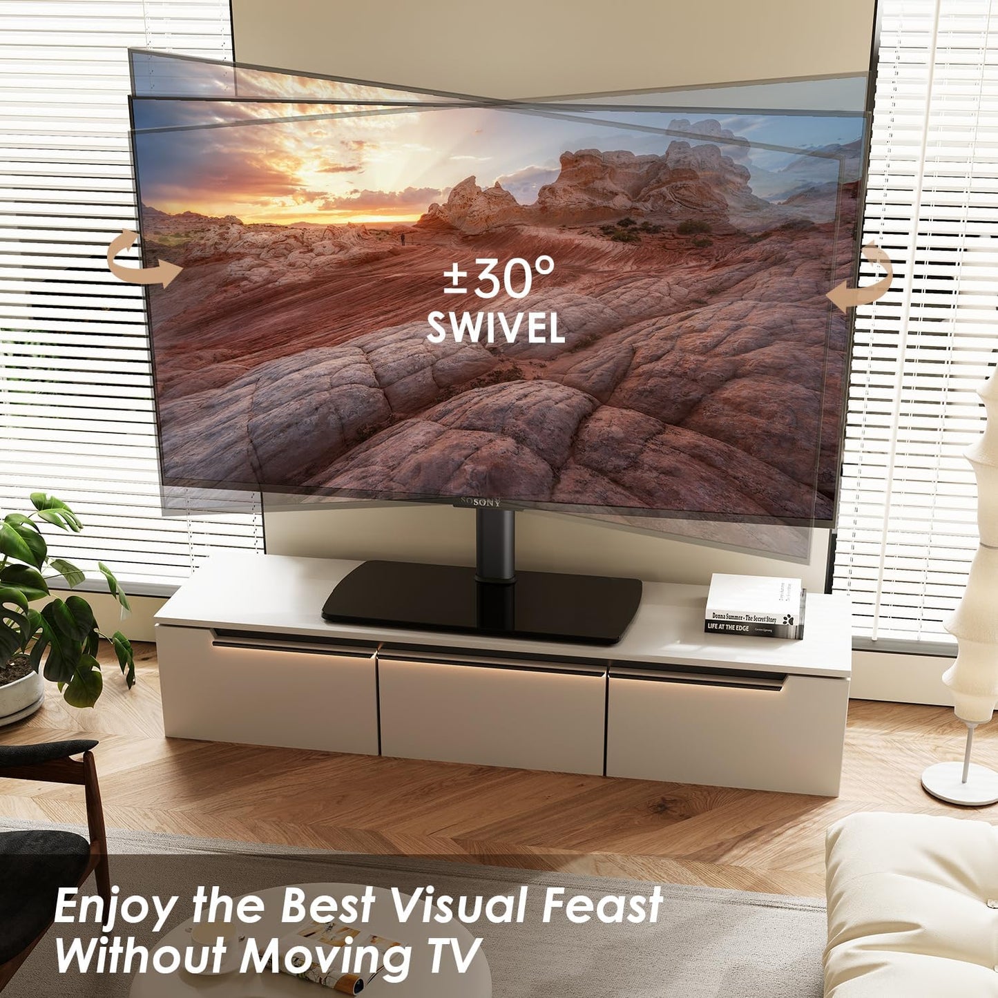 FITUEYES Universal TV Stand Mount for 43-80 85 inch TVs, Swivel Tall TV Mount Stand, Table Top TV Stand Base Replacement, Height Adjustable TV Table Stand, Glass Base, Max Holds 110lbs