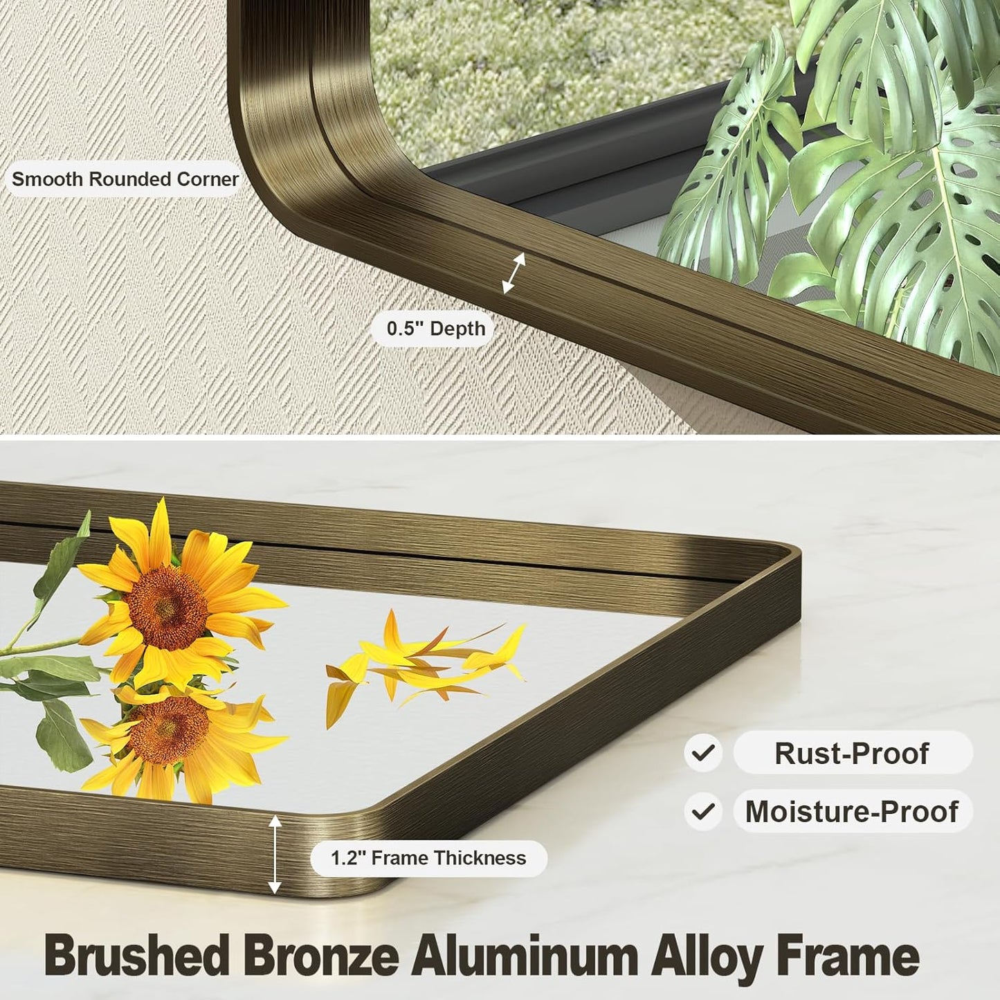 24x32 Inch Bronze Framed Bathroom Mirror, Brushed Bronze Metal Vanity Mirror, Bronze Rectangle Wall Mirror, Rounded Corner, Tempered Glass, Anti-Rust, Shatterproof (Horizontal/Vertical)
