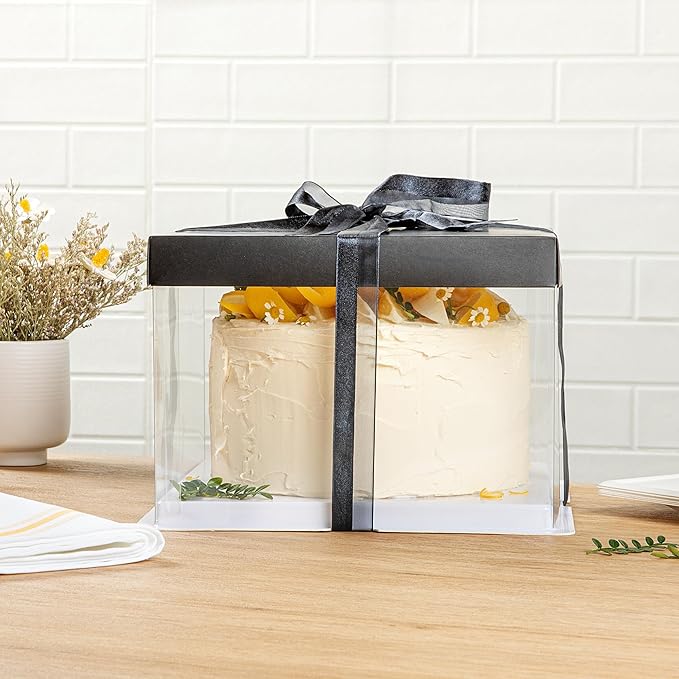 Sweet Vision Square Clear Plastic Cake Box - Black Lid and White Base, Black Ribbon - 8 1/2" x 8 1/2" x 6 3/4" - 10 count box