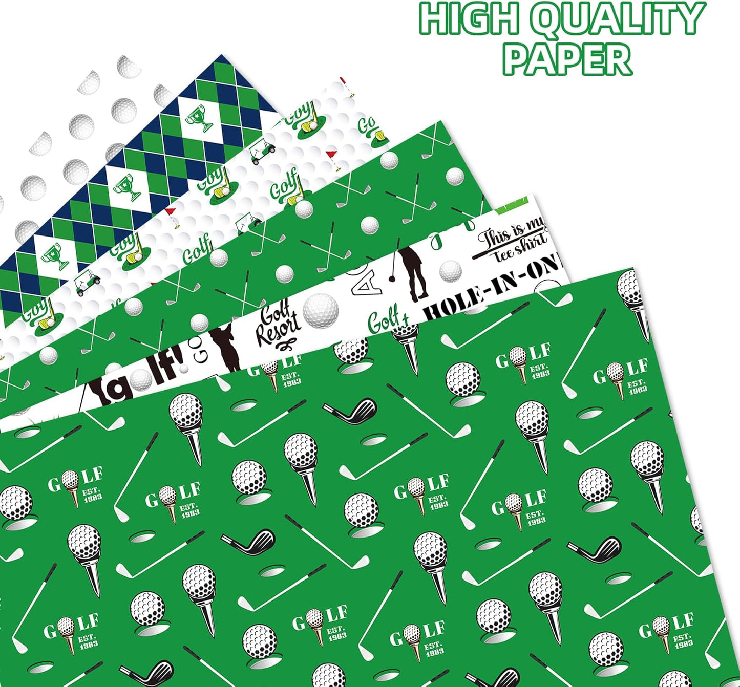 Golf Wrapping Paper for Men Boys, 12 Sheets Blue Green Sports Golfing Gift Wrap Paper with Sports Golfs Clubs Balls Carts Green Argyle Champions Plaid Pattern Designs Golfs Gift Papers, 20'' x 27''